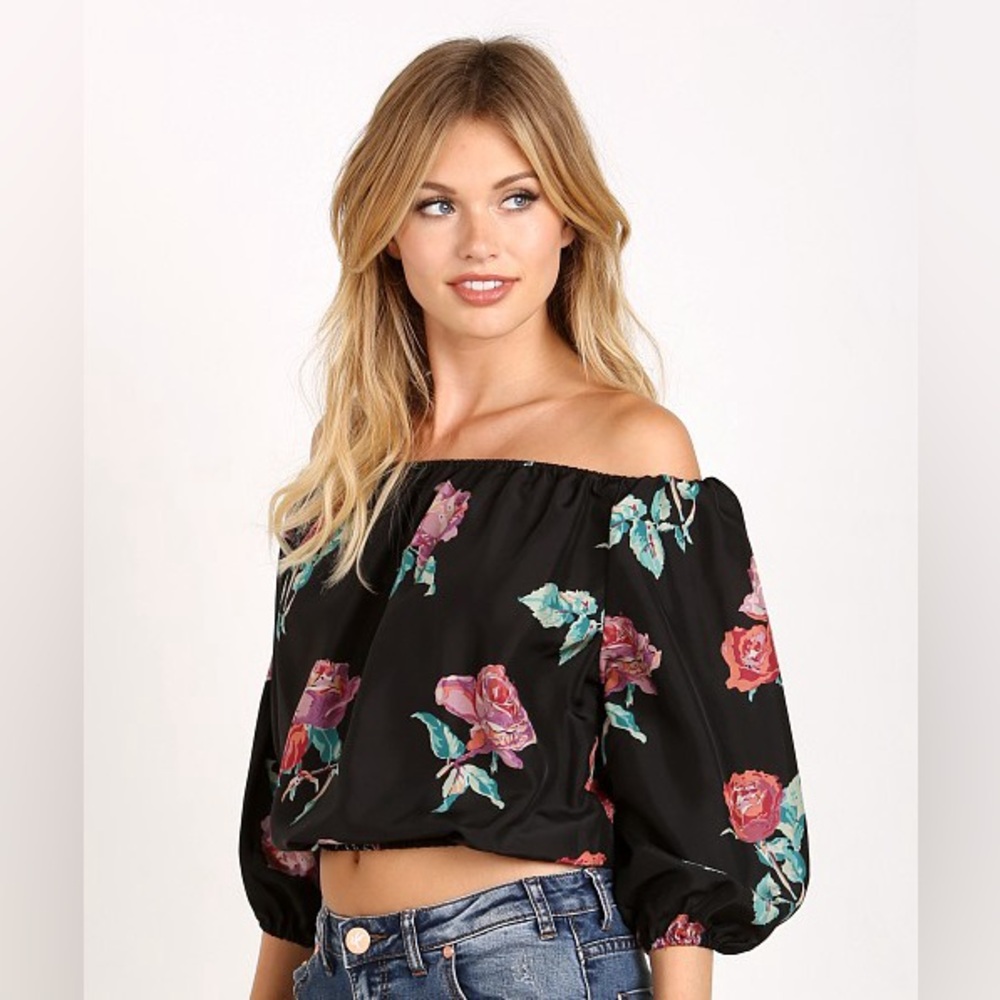 Stone Cold Fox Rumi 100% Silk Cropped Off The Shoulder Floral Blouse